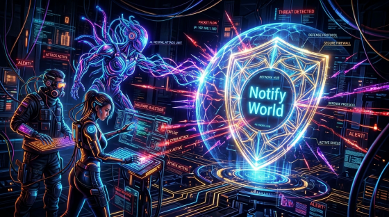 Cybersecurity team fighting AI neural attack unit using digital firewall and software defense